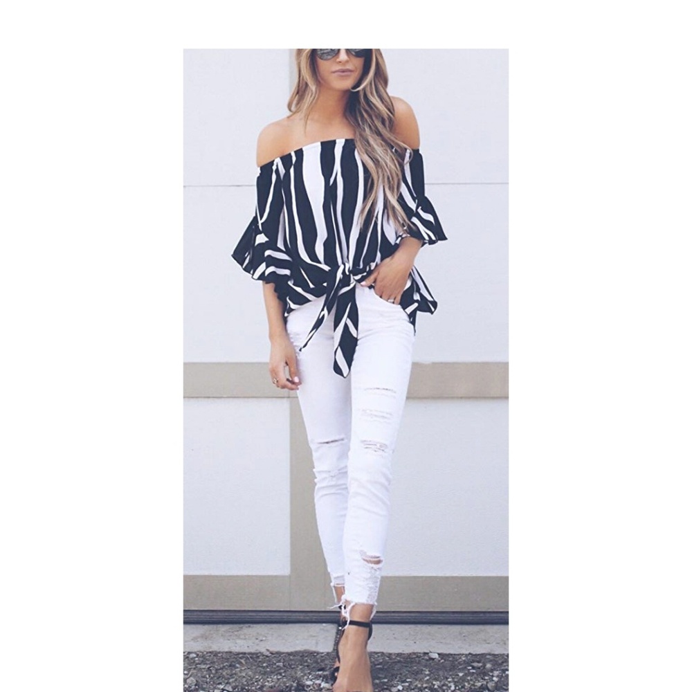 Striped-Off-the-Shoulder/Front Tie-Knot Top - Picture 3 of 6